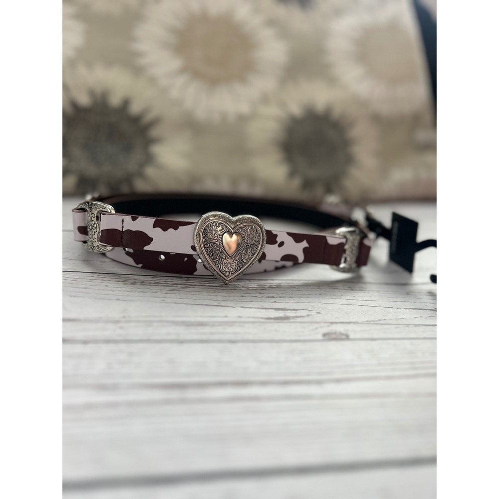 XOXO Womens Cow Print Skinny Belt Brown White Silver Heart Concho Western XL